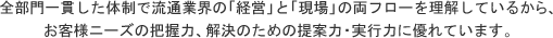 全部門一貫した体制で流通業界の「経営」と「現場」の両フローを理解しているから、お客様ニーズの把握力、解決のための提案力・実行力に優れています。
